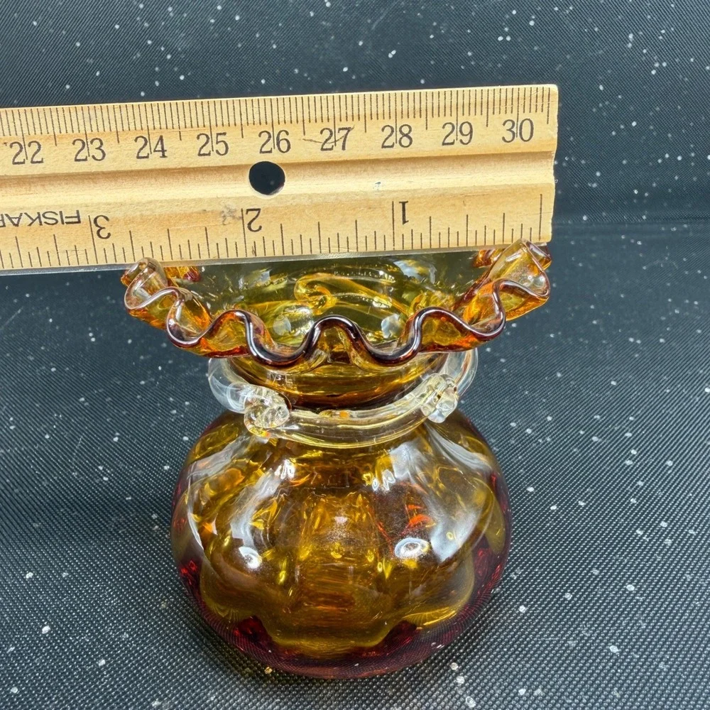 Amber Mid Century Hand Blown Glass Ruffled Bud Vase with Clear Rigaree 3inch